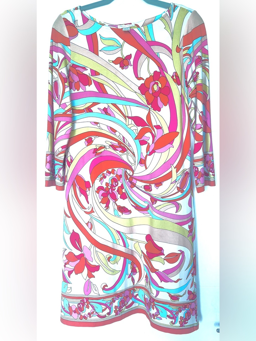 London Times Retro Swirl Floral Shift Dress Pink Orange Size 10